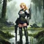 Placeholder: a heavily armoured blonde female soldier, standing in a swamp with a super rocket launcher, She's a serious girl, she's been difficult lately.