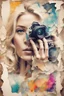 Placeholder: portrait of a blonde woman with a camera, background old torn paper, bright colors, ART drawing, double exposure