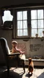 Placeholder: A baby sitting on eating chair in front of a big window in an abandoned damaged room , a cat out side the widow looking at him