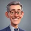 Placeholder: a portrait of smiling wise western man. 40 years old. caricature. gray short hair. light skin. wide forehead. big nose. light brown eye pupils. elips eyeglasses, thin silver frame. oblong face shape. wear navy blue formal dress. pixar style. 3D. 4k. portrait. highly detailed. sharp focus. high resolution. full color. cinema lighting. with food background