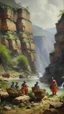 Placeholder: Gorges with grape harvesters painted by Zhang Lu