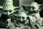 Placeholder: just one baby Yoda wearing a Christmas hat in a jazz club. 1960's photo real