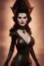 Placeholder: Amy Dumas as evil queen in black leather, leather, busty, cleavage, angry, rage, stern look. character design by cory loftis, fenghua zhong, ryohei hase, ismail inceoglu and ruan jia. unreal engine 5, artistic lighting, highly detailed, photorealistic, fantasy