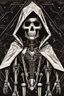 Placeholder: inside a diamond shape, skeleton retro robot in a black hooded cloak drawn in a retro cartoon style, in a diamond shape on a black background, monochromatic