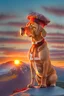 Placeholder: A handsome young red labrador dog wearing a little chef hat and standing on top of a mountain with a beautiful sunrise behind him