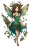 Placeholder: Forest fairy with iridesand teal wings and a cute short leaf dress and pointed ears and multiple vine earings and ear cuffs flying through a mythical forestand brown wavy hair