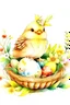 Placeholder: oil-painting boho,easter elements Clipart Design , a cute kawaii little chickhen in an cute Easter There will be soft wildflowers around the bow basket , Illustration, centered image, White Background , ultra detailed illustration, posing, (tetradic colors), whimsical, enchanting, fairy tale, (ink lines:1.1), strong outlines, bold traces, unframed, high contrast, (cel-shaded:1.1), vector, 32k resolution, best quality, flat colors, flat lights