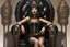 Placeholder: a slim Cleopatra, with a bob hairstyle, as a burlesque dancer in black boots, standing next to a black gothic throne, in a steampunk setting,