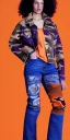 Placeholder: Model, woman. sérigraphie on denim with orange,terracotta, cream and purple colors. Camouflage patterns are screen printed on denim. Brunette woman in her 30's. thick thighs, thick calves, flat belly, wide hip. Mantle is sewed of recycled Denim and sewed together of camouflage pieces. It is with big bright purple felt tippet and cream-colored-hood. mantle is merged with satchel. Style: Haute Couture in 1920's and 1990's in New York. Paris in 2023