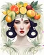 Placeholder: create an ethereal, illustration of a divine female with soft facial features and a seductive look on a plain white background surrounding her, in the style of CHARLES RENNIE MACKINTOSH, with a headpiece of tropical fruits, painted in a faded colors,