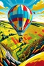 Placeholder: A GoPro camera is attached to the underside of a hot air balloon, capturing a breathtaking view of rolling hills and colorful patchwork fields below. A flock of geese flies alongside the balloon, casting long shadows against the landscape. Style: Dynamic, Mood: Euphoric, Lighting: Clear, bright sunlight, T-shirt design graphic, vector, contour, white background.