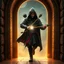 Placeholder: A magic door opening to hooded man with Arrow, high quality, high details , 8k, hyper realistic, magic style ,