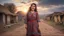 Placeholder: Hyper Realistic Young-Happy-Pashto Woman wearing checkered-patterned dress in a village at cloudy sunset with dramatic ambiance