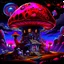 Placeholder: A fantabulous black, red, and blue (((mushroom tower house))) erected atop a (geologic pillar), surrounded by the uncanny imaginative ((( swirling skies))), offset by the stark hues of a (neon-tinged nebulous space scape), within. captured by the hand a skilled master painter with a focus on (softly blurred compositions and voluminous lighting).