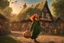 Placeholder: Full body shot of a tall slim pretty, red-headed young female witch, casting magical glowing symbols into the air, dressed in a long flowing green dress, standing in front of a row of cottages and shops with thatched roofs