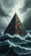 Placeholder: Synthography Art in Bocsh painting style nightmare of The Pyramid shape building in the middle of ocean waves water with visual details of reialstoc mechanical and electrical components and chips and components textures with gray clouds stormy weather in the background
