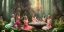 Placeholder: group of beautiful ladies in colourful dresses meditating in an enchanted forest with a spring like chalice well at night, candles in the trees