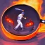 Placeholder: An impressionist painting of a baseball game being played in a teacup which is floating on black and orange glowing lava. The players are lizard men.