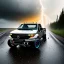 Placeholder: hyperrealistic shot, speeding off-road truck, monotone color palette, sharp focus, puddle reflec1tion, intricate tire tread pattern, tire mud splashes, refraction, mist on the horizon, thunder and lightning, overcast shadow, detailed and intricate, cinematic composition, 8k, micro, tilt shift photography, bokeh