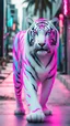 Placeholder: White tiger strolling Miami streets with neon pink and blue accents ultra realistic