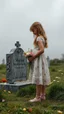 Placeholder: A beautiful girl with flowers standing by a grave , foggy cloudy clouds