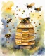 Placeholder: bees flutter over the hive watercolor drawing