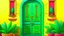 Placeholder: Fantasy cartoon illustration: a beautiful exotic green and yellow door on a colorful house