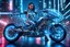 Placeholder: transparent glass blue shiny cyborg woman riding a transparent glass-metallic futuristic motorcycle, high cyber city background, high detailed, cyberpunk style, high contrast, dramatic low angle, full body visible, legs visible, the way with neon lights, sharp focus, perfect composition, measterpiece