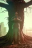 Placeholder: Cyberpunk theme, portrait of Oak tree roots holding man inside, misty sunny day, close-up portrait, symbios