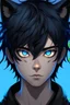 Placeholder: An anime man with messy black hair, black cat ears on his head, blue eyes. Realistic