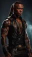 Placeholder: portrait of a 35 year old Handsome muscular male with dark bronze skin adorned with tattoos. His long light brown hair is tied back in a pony tail. He's wearing a leather vest and has a dagger which hangs from his belt. Dark fantasy. Hyperrealistic