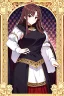 Placeholder: woman with long brown hair and red eyes, medieval concubine, anime style, highly detailed, intricate background, red and black clothes, confident, arrogant