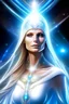 Placeholder: Très belle femme galactique dans faisceau de lumière, IO commandante en chef d'une flotte de vaisseaux blancs, lumière divine