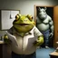 Placeholder: photo of a fat yellow-green color anthropomorphic frog in simple human cloths and take between his hands many paper in office, on the wall hang an wall board with some written sheets of paper, in background standing an anthropomorphic strong gray rhinoceros in blue jeans and in t-shirt behind in halb open door , dark colors, detailed 3d, sci-fi, fantasy mood