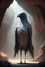 Placeholder: large humanoid bird with very large fetaher like a coverstanding on its two feet like a human in a cave like environment,hd,hypercritical