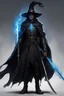 Placeholder: The commander wears a black cloak and a long coat with long combat boots and a long spear with a hat under his cloak with blue flame eyes, a sword like a spear