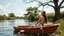 Placeholder: a beautiful lady in nice swim suit in pretty boat in river in country side next to river and big tree,wild flowers comming to camera