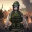 Placeholder: army girl, combat fatigues, plate carrier vest, gas mask, military helmet, battlefield in the background, trending on artstation