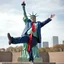 Placeholder: a photograph of the statue of liberty kicking a fat guy in a blue suits with a long red tie in the groin