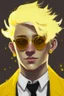 Placeholder: Realistic young man with fluffy yellow hair, big black eyes, yellow freckles, small black earrings, smirk, dark beige kin, yellow tuxedo, yellow star sunglasses on head