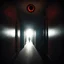 Placeholder: A demonic figure standing in a dim apartment corridor, seen through a door peephole. Circular fisheye lens distortion, dark vignette around the edges, warped perspective. The demon has elongated limbs, shadowed features, glowing dim red eyes, subtle smoke-like aura rising from its body. Flickering hallway lights cast long shadows. Ominous, cinematic atmosphere, high detail, moody lighting