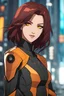 Placeholder: Woman with dark red and shoulder length hair, vivid amber eyes, futuristic clothes, smirking, grinning, mall background, RWBY animation style