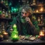 Placeholder: crazy homeless man drinking green potion, magic shop, magical treats and candy in jars, magical books and wands everywhere very dark room, candle light, bright vibrant colors, glowing sparkle particles, dark tone, sharp focus, high contrast, 8k resolution, incredible depth, shallow depth of field, dramatic lighting, beautifully intricate details, clean environment, epic dynamic scene