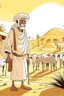 Placeholder: Old man, Arab, turban, white clothes, cattle, desert, council, sun, palm trees, mud houses, holding a stick, looking forward, a very slight smile.cartoon