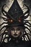 Placeholder: Demon girl wizard hat Halloween vintage girl, fullbody, creepy, horrifying, sinister, many worms parasite creature connected to the head and hands, sparks around her, sparks cybernetic, intricate, 8k, macro photography,