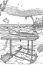 Placeholder: Outline art for coloring page, PICNIC TABLE WITH FISH AND NETS ON A HAWAII BEACH, coloring page, white background, Sketch style, only use outline, clean line art, white background, no shadows, no shading, no color, clear