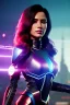 Placeholder: Ruby Cruz, Futuristic cyborg, portrait from waist up, vibrant hair color, vibrant eye color, intricate eyeliner, vibrant eyeshadow, clear completion, soft lighting, 4k resolution, intricate details, insanely detailed, colorful cityscape background, masterpiece, expert, cinematic smooth, retroanime style, realistic details, no helmet