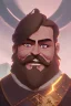 Placeholder: Medieval Fantasy Bearded strong man wearing a thick fur-lined merchant's coat, wearing gold rings, divine, halo, happy smiling, portrait, high definition, realistic, long hair, dynamic lighting, volumetric lighting, mustache