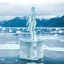 Placeholder: in a frozen sea with pretty mountains a full lady ice statue in artist pose standing over a ice block looking at camera, of clear glass like ice that going to melt and water drops fall from all body.