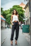 Placeholder: full body shot Young woman, 20 years old, wearing nice pant and top walk in street,looking to camera